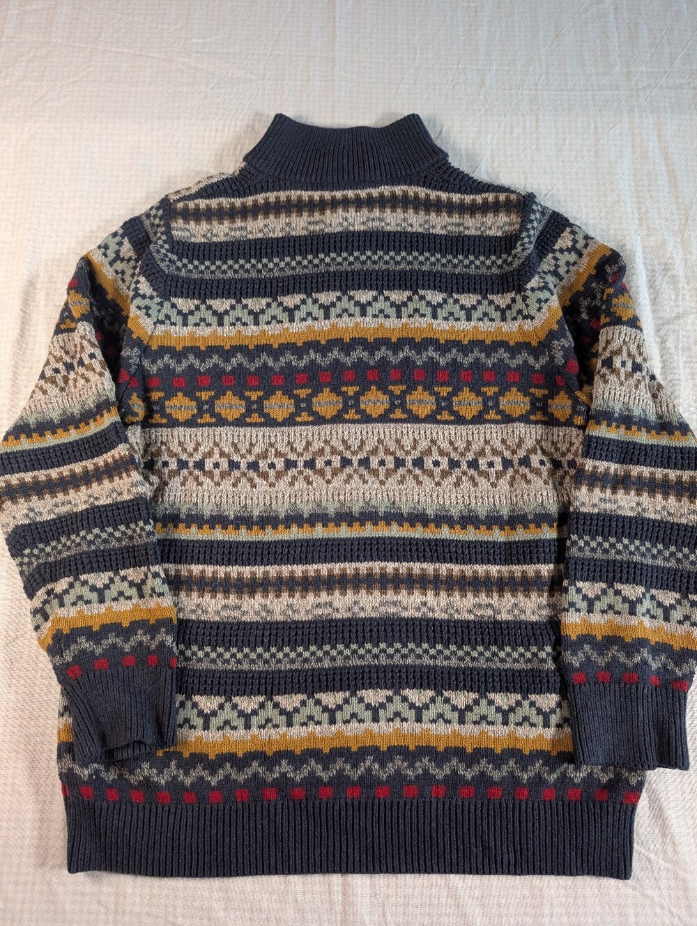 L.L. Bean Navy Fair Isle Zip-Neck Sweater with Mustard & Red Accents Large - Picture 6 of 7